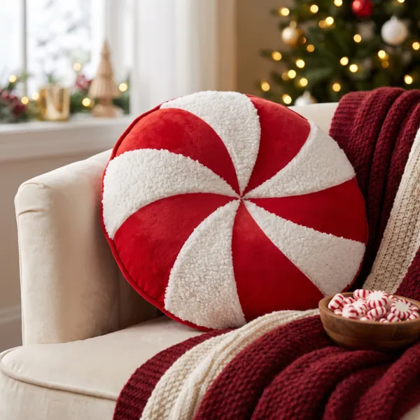 Rundes Weihnachts-Kissen (D40 cm) Bonbon Rot und Weiß - Weihnachtsdeko