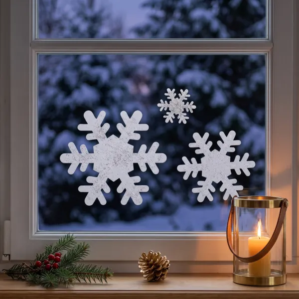 Lot de 3 stickers de No�l pour fen�tre (D28 cm) Flocons Blanc paillet�