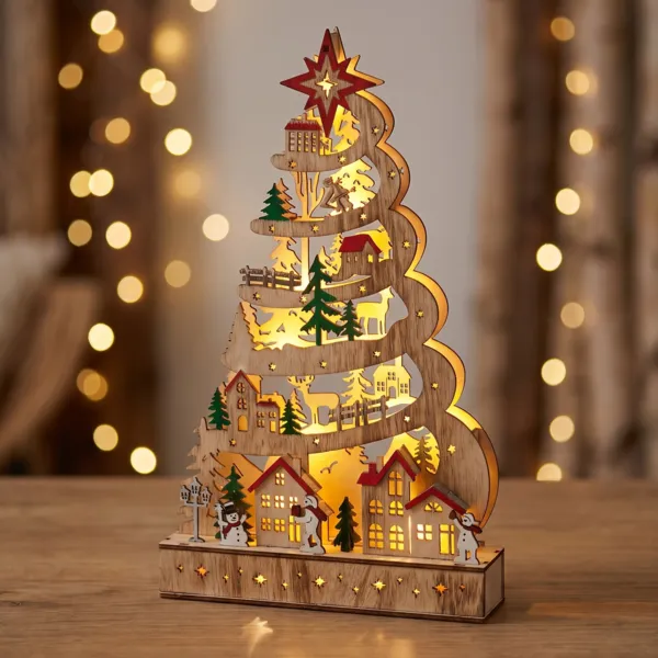 Lysende juletr� i tr� med 15 LED (H45 cm) Snefort�lling Natur