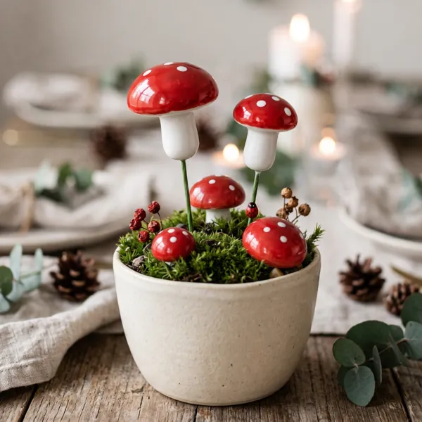 Set di 24 funghi da infilare (D1,5-D2 cm) Amanite in foresta Rosso e bianco
