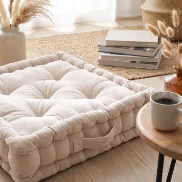 Firkantet gulvpude i bomuldsvelour (50 x 50 cm) Victor Beige pampa