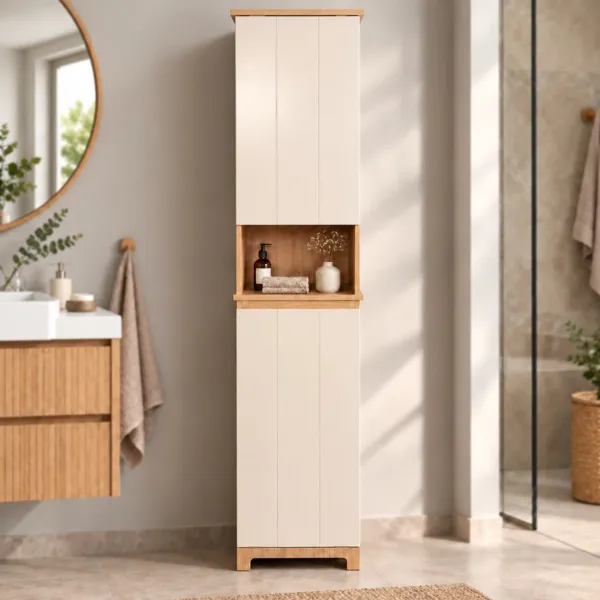 Meuble colonne salle de bain paniere � linge int�gr�e (173 x 38 cm) Rivoli Naturel