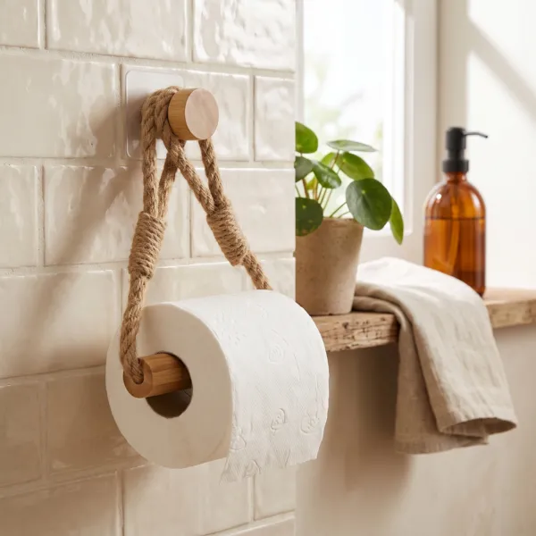 Zelfklevende bamboe en touw toiletpapierhouder Easy Chic Naturel