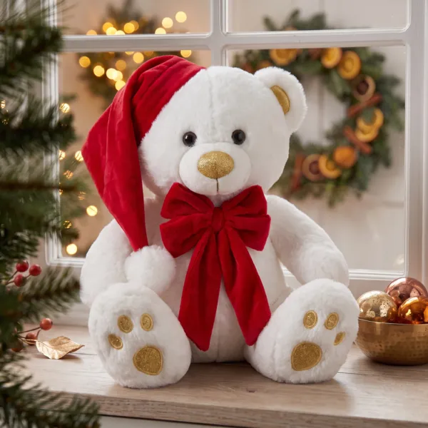 Ours en peluche (H34 cm) Jules et n�ud velours Blanc et rouge