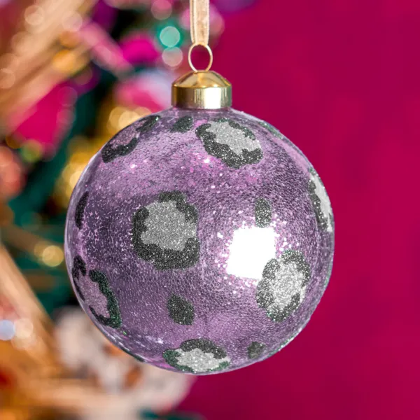 Boule de No�l en verre (D100 mm) L�opard disco Rose fonc�