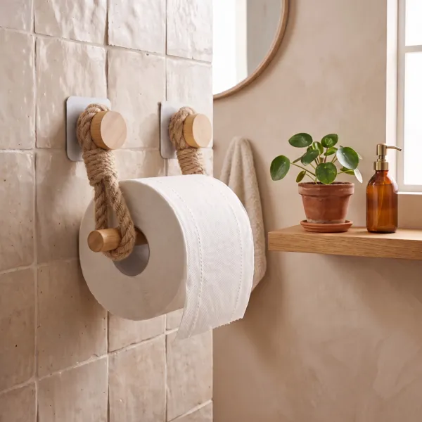 Zelfklevende bamboe toiletpapierhouder met natuurlijke koordriemen