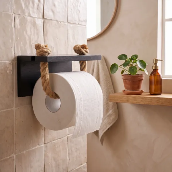 Toiletrolhouder voor aan de muur met acaciahout en touw Easy Chic Zwart