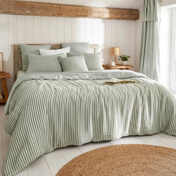 Copripiumino garza di cotone (260 x 240 cm) Ga�a righe Verde rosmarino
