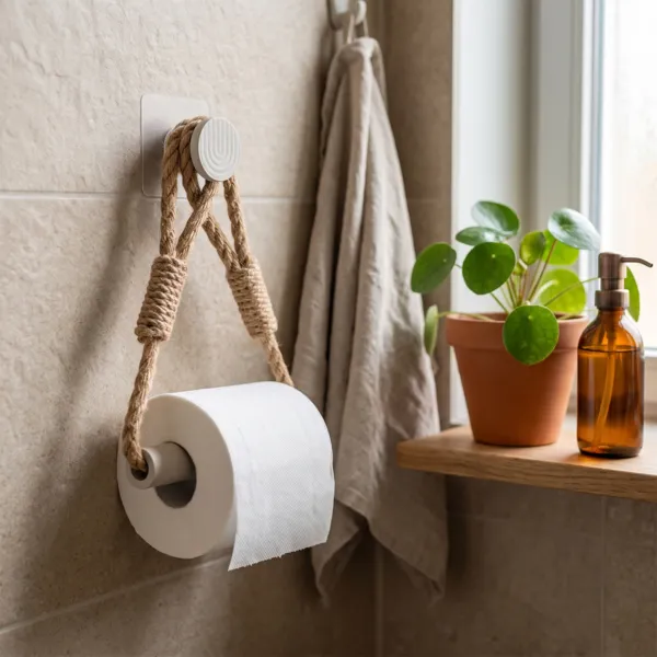 Toiletrolhouder voor aan de muur, zelfklevend, touw en bamboe, Boho-Chic Beige Greige