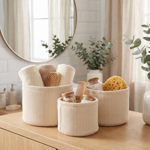 Lot de 3 paniers de rangement velours c�tel� (H16 cm) Louise Ivoire