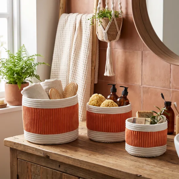 Lote de 3 cestas de almacenamiento de terciopelo (H20 cm) Boho-chic Terracota