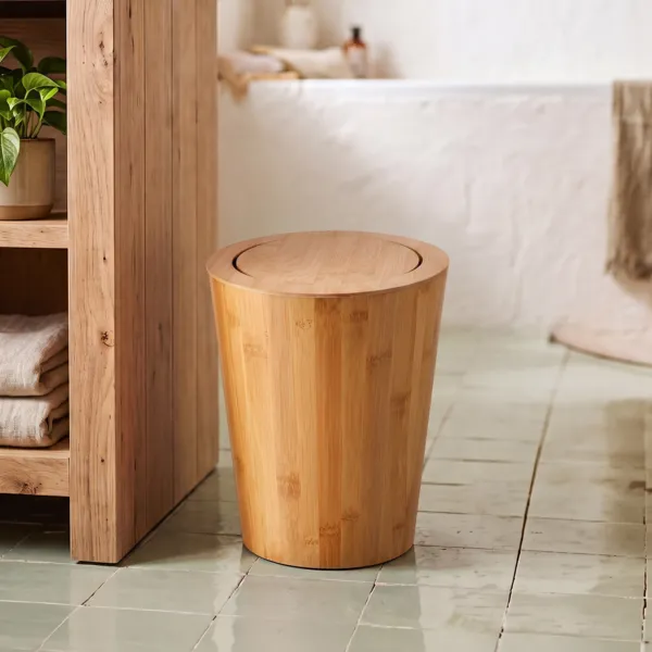 Poubelle salle de bain bambou couvercle inclinable Naturo Beige