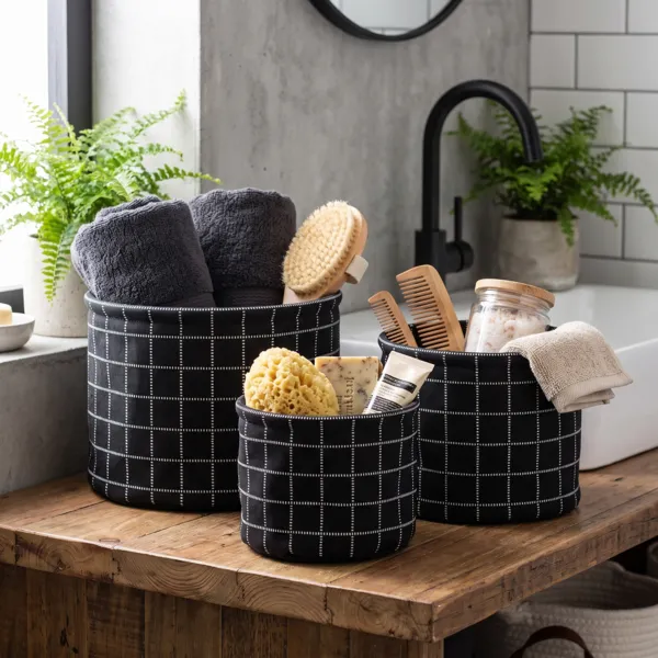 Lot de 3 paniers de rangement (H17 cm) Carreaux Noir