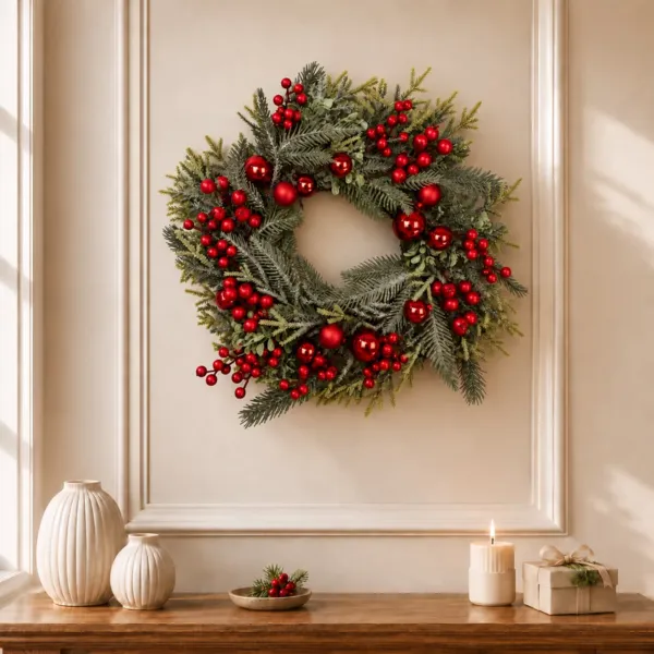Couronne de No�l (D40 cm) Baies d'Hiver Vert givr� et rouge