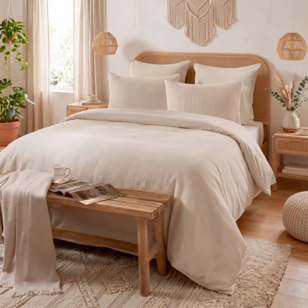 Funda de edred�n de algod�n panal de abeja (280 x 240 cm) Eva Beige