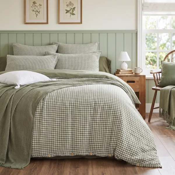 Housse de couette gaze de coton (260 x 240 cm) Ga�a vichy Vert romarin