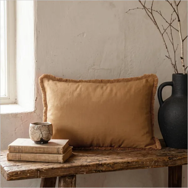 Cuscino rettangolare in cotone (40 x 60 cm) Pixel frange Camel