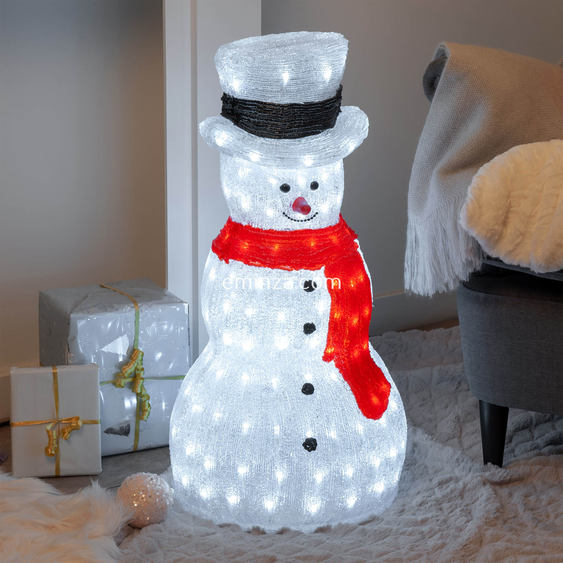 Bonhomme de Neige de Noël illuminées Lumineux Decoration Noël Extérieur  Intérieur - 90 LED， Blanc 60 x