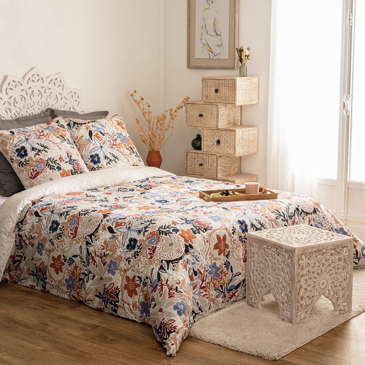 Parure De Lit 3 Pièces Percale 100% Coton - Housse Couette 220x240 Cm + 2 Taies 63x63 Cm - Motif Géométrique