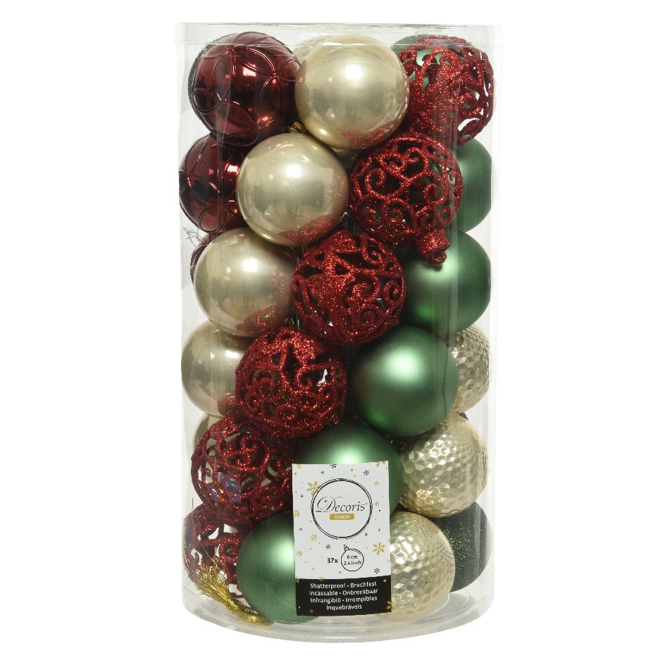 28 Boules De Noël Floquées - Couleurs Bordeaux, Beige, Marron, Vert Foncé - Décorations Sapin Maison Bureau