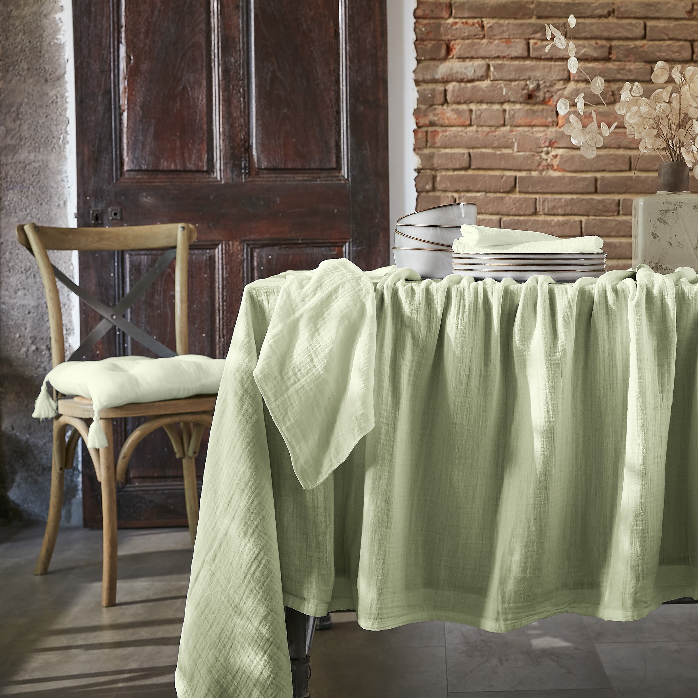 Tovaglia rettangolare garza di cotone (L250 cm) Gaïa Verde tiglio -  Biancheria tavola e cucina - Eminza