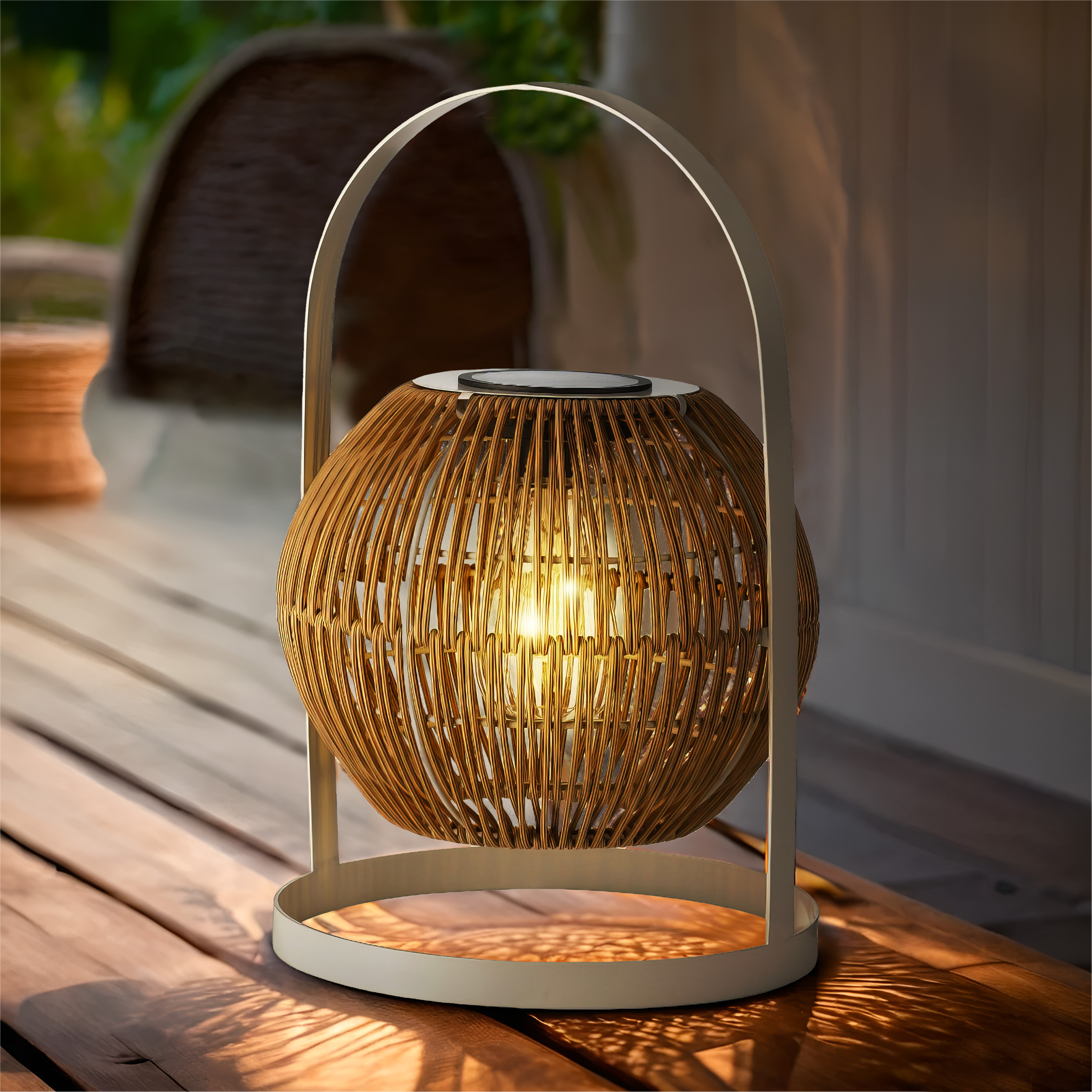 Lanterna Solare Star Catania In Legno E Metallo, 20 Lumen, Luce Calda Con Sensore Crepuscolare, Beige