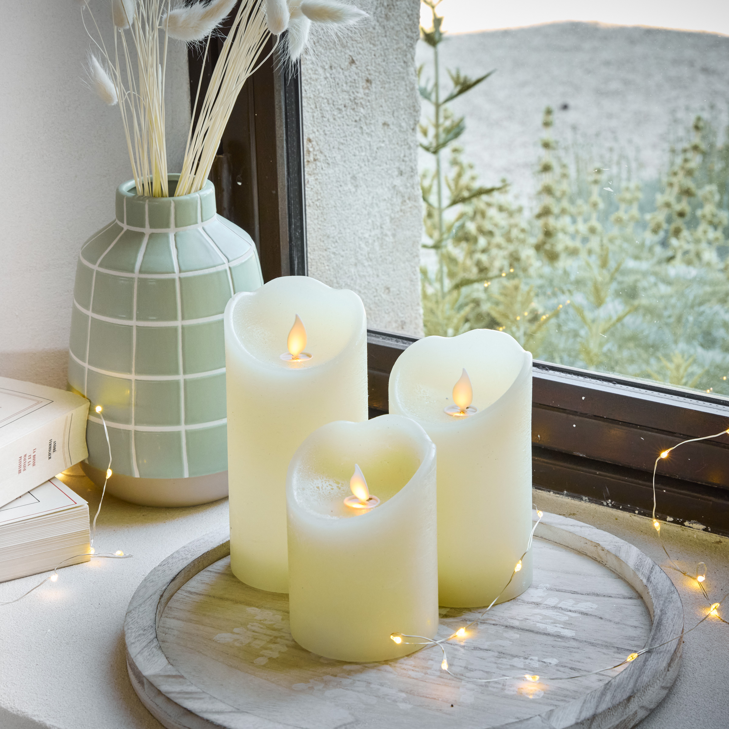Set von 3 flackernden LED-Kerzen (D7,5 cm) Nat�rliches Wachs Creme