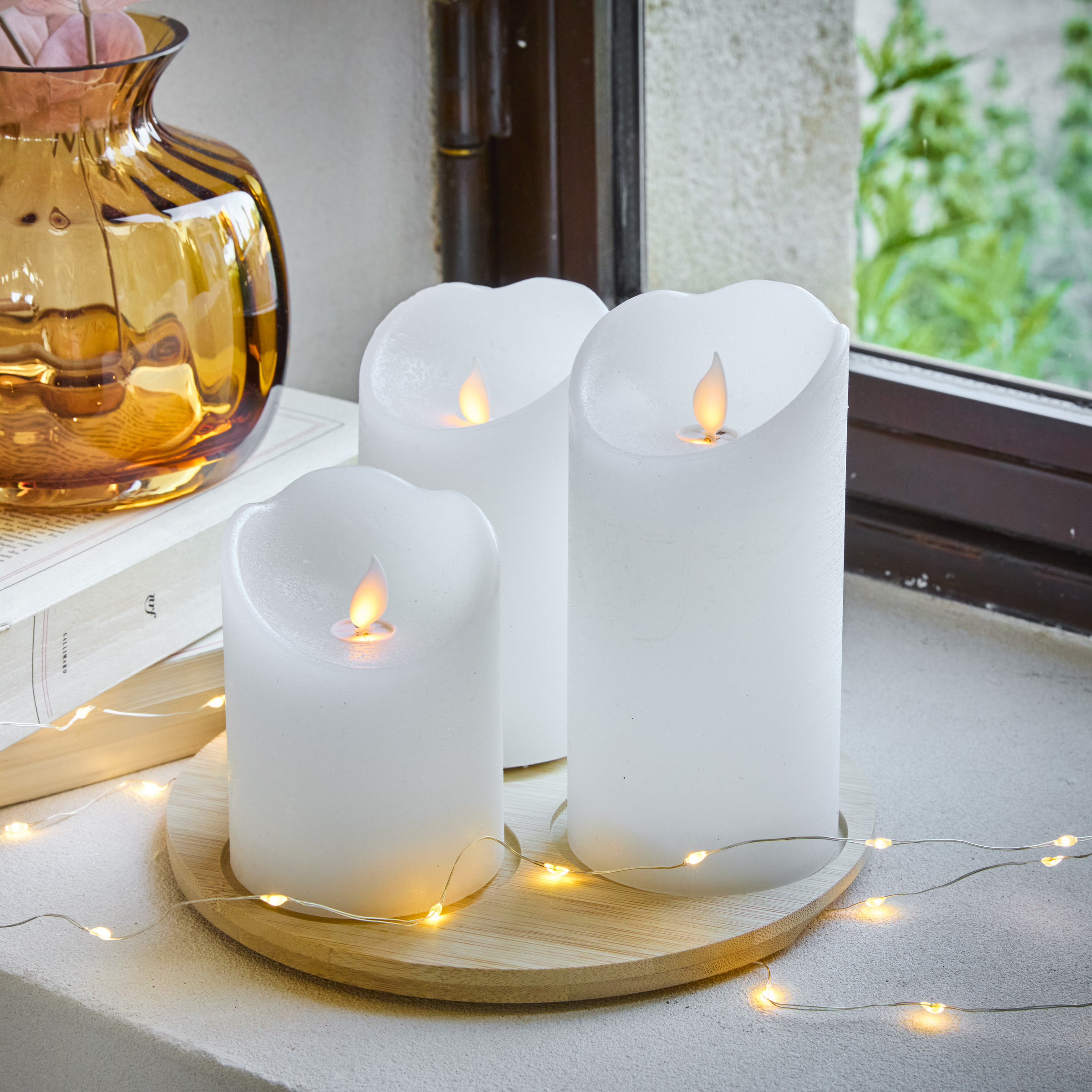 Set di 3 candele LED tremolanti (D7,5 cm) Cera naturale Bianco